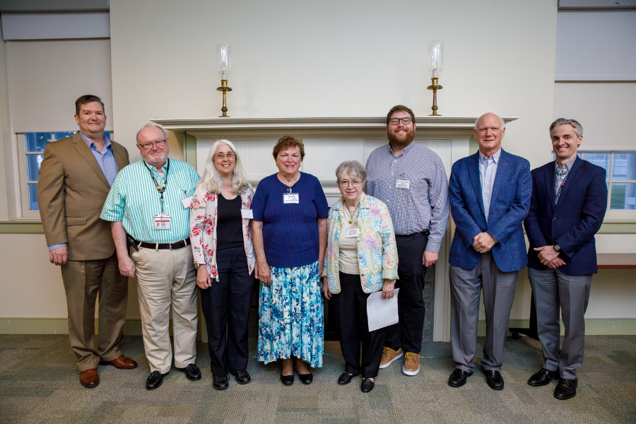 (From left) James Hazlett, MSN, RN, NE-BC; James Fitzgerald; Robin Gross and Lee Gibson of Memorial Presbyterian Church of Fox Chase – Food for Hope Food Pantry; Elly Reinhardt; Rev. Timothy Wotring, Pastor, Memorial Presbyterian Church of Fox Chase – Food for Hope Food Pantry; Martin Ogletree; and Michael McCormick.